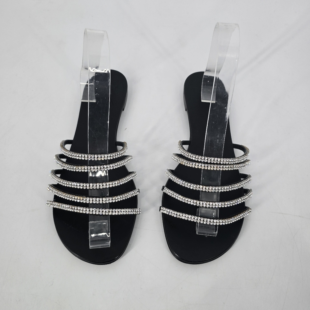 Giuseppe Zanotti Embellished Diamond Strappy Black Flat Slides Size 40.5